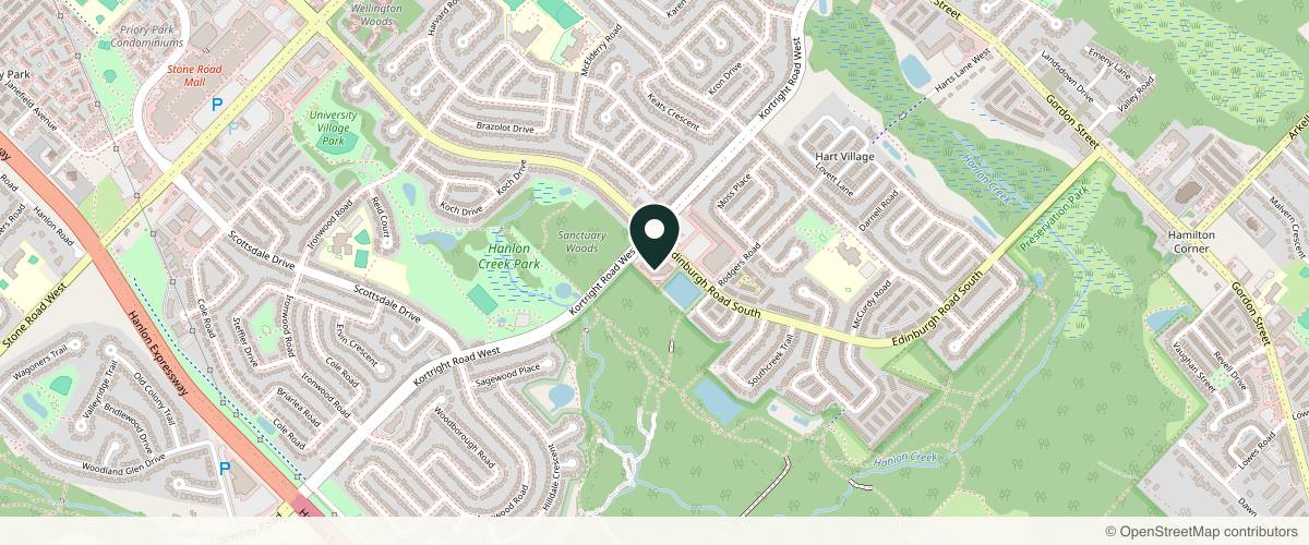 Map showing the exact location of Seema's Laser Spa & Salon at 210 Kortright Rd W, Guelph, ON N1G 4X4, Canada