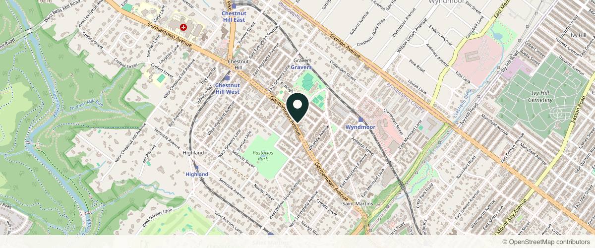 Map showing the exact location of Serenity Aesthetics & Wellness, PLLC at 8133 Germantown Ave, Philadelphia, PA 19118, USA
