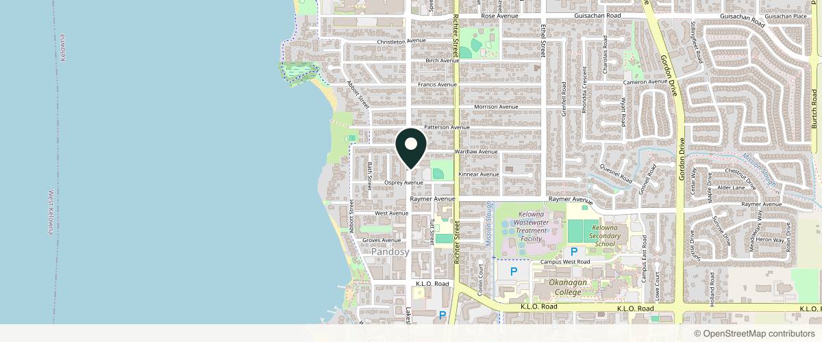Map showing the exact location of Serenity Aesthetics Laser & Advanced Skin Care Inc at 2689 Pandosy St #202, Kelowna, BC V1Y 9V9, Canada