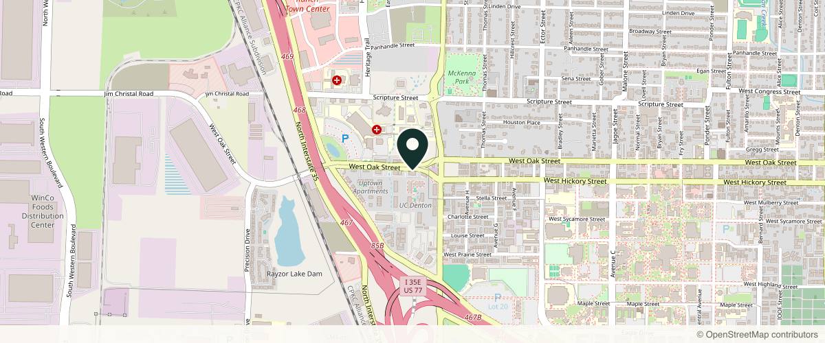 Map showing the exact location of Serenity Med Spa at 2435 W Oak St Ste 103B, Denton, TX 76201, USA