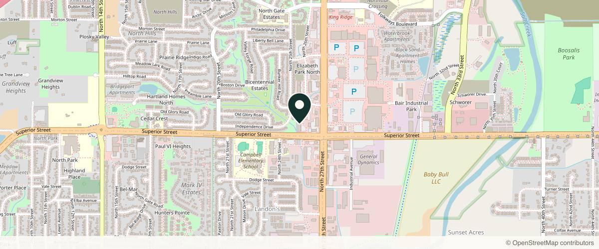 Map showing the exact location of Serenity Spa and Facials Lincoln at 2550 Superior St #170, Lincoln, NE 68521, USA
