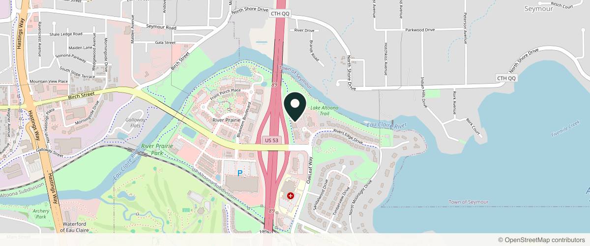 Map showing the exact location of Seven at River Prairie Wellness at 1470 Rivers Edge Trail, Altoona, WI 54720, USA