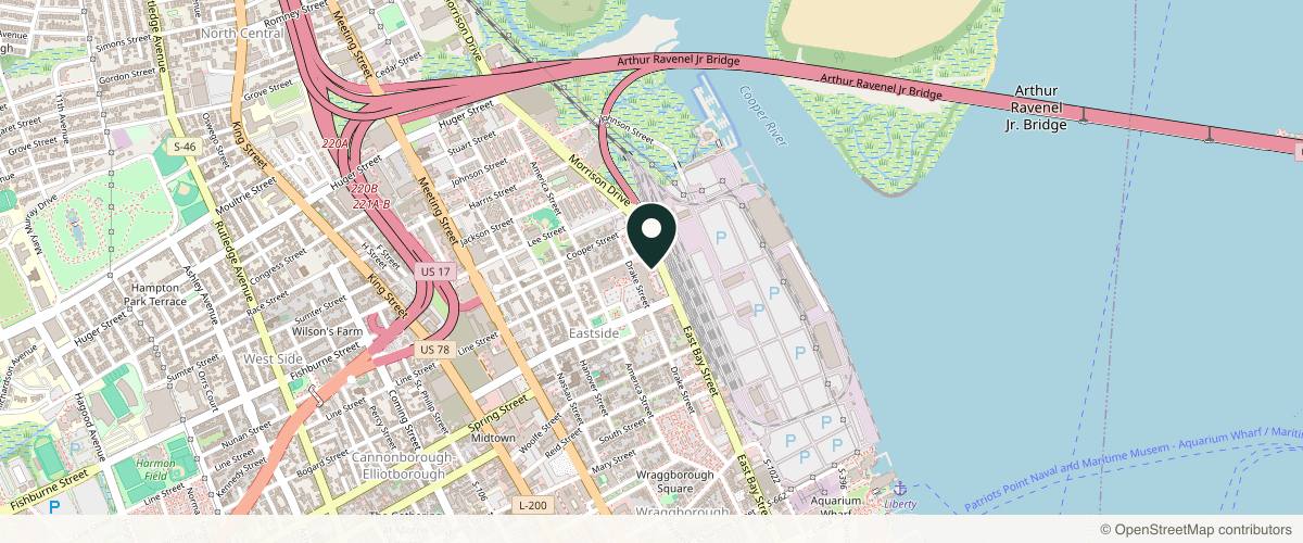 Map showing the exact location of Shine Medical Spa by Plastic Surgery of the Carolinas at 701 E Bay St Suite 102B, Charleston, SC 29403, USA