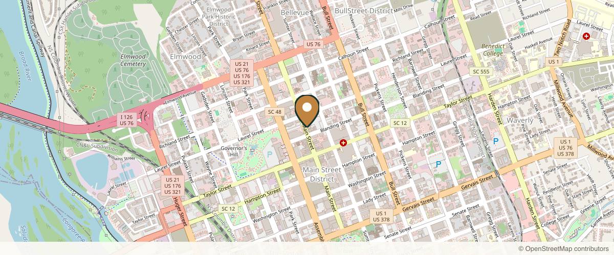 Map showing the exact location of Shvaas Spa Salt Cave & Float Therapy at 1716 Main St, Columbia, SC 29201, USA