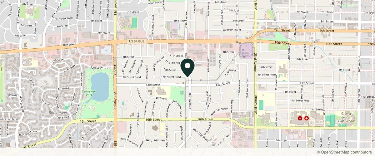 Map showing the exact location of Simplistica Skin Studio at 1221 28th Ave Suite 4, Greeley, CO 80634, USA