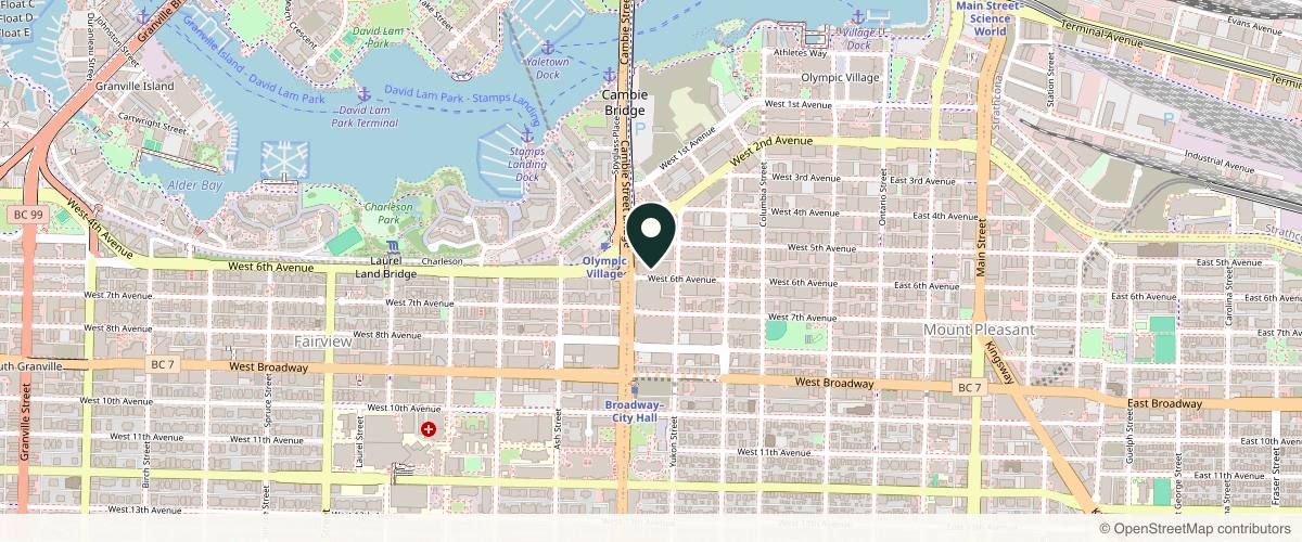 Map showing the exact location of Six Clinic at 445 W 6th Ave, Vancouver, BC V5Y 1L3, Canada