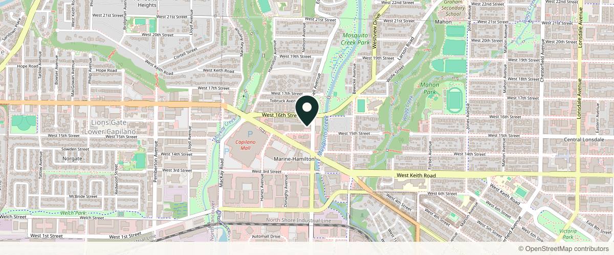 Map showing the exact location of Skin Blossom Pro Laser & Skin Care Clinic at 814 15th St W #103, North Vancouver, BC V7P 1M6, Canada