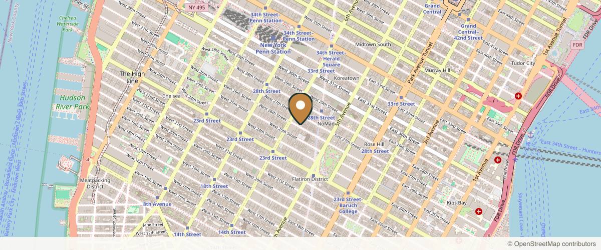 Map showing the exact location of Skin Center New York at 37 W 26th St RM 400, New York, NY 10010, USA