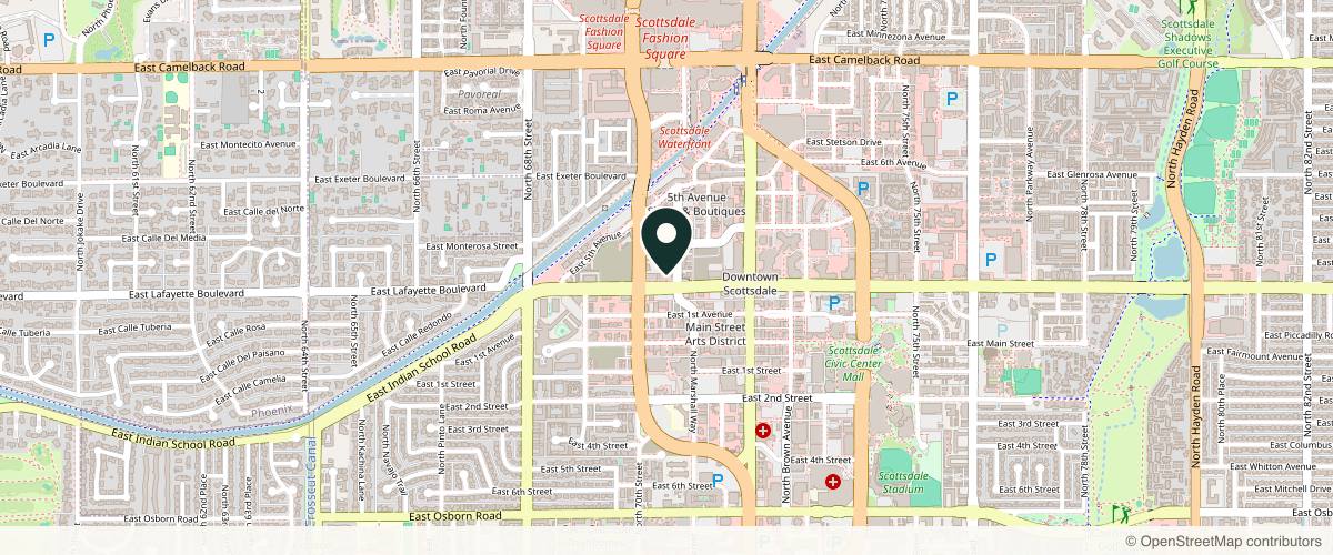 Map showing the exact location of Skin Charm at 7038 E Indian School Rd, Scottsdale, AZ 85251, USA