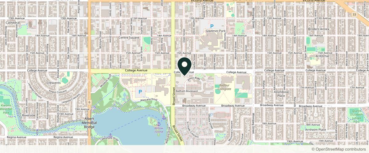 Map showing the exact location of SKIN Clinics at 1701 College Ave, Regina, SK S4P 1B8, Canada