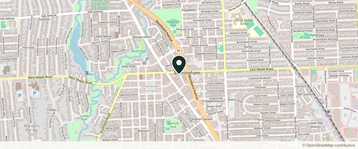 Map showing the exact location of Skin House, Dr. Christina Barbat at 386 E Maple Rd, Birmingham, MI 48009, USA