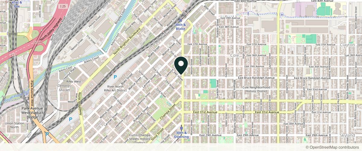 Map showing the exact location of Skin! Medical Aesthetics at 3405 N Downing St Ste b, Denver, CO 80205, USA