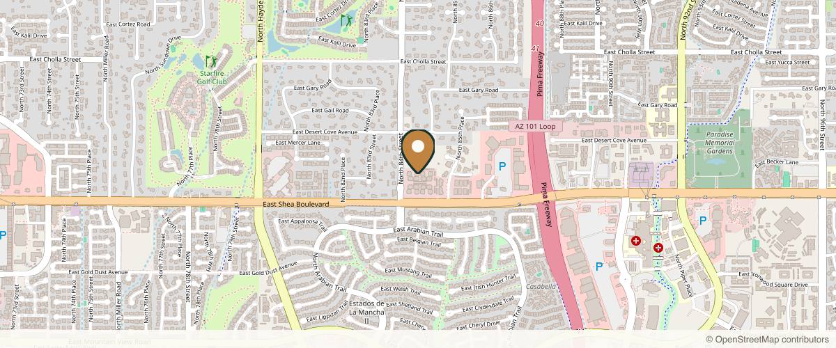 Map showing the exact location of Skin Savvy Aesthetics Scottsdale Med Spa at 8418 E Shea Blvd Ste 101, Scottsdale, AZ 85260, USA
