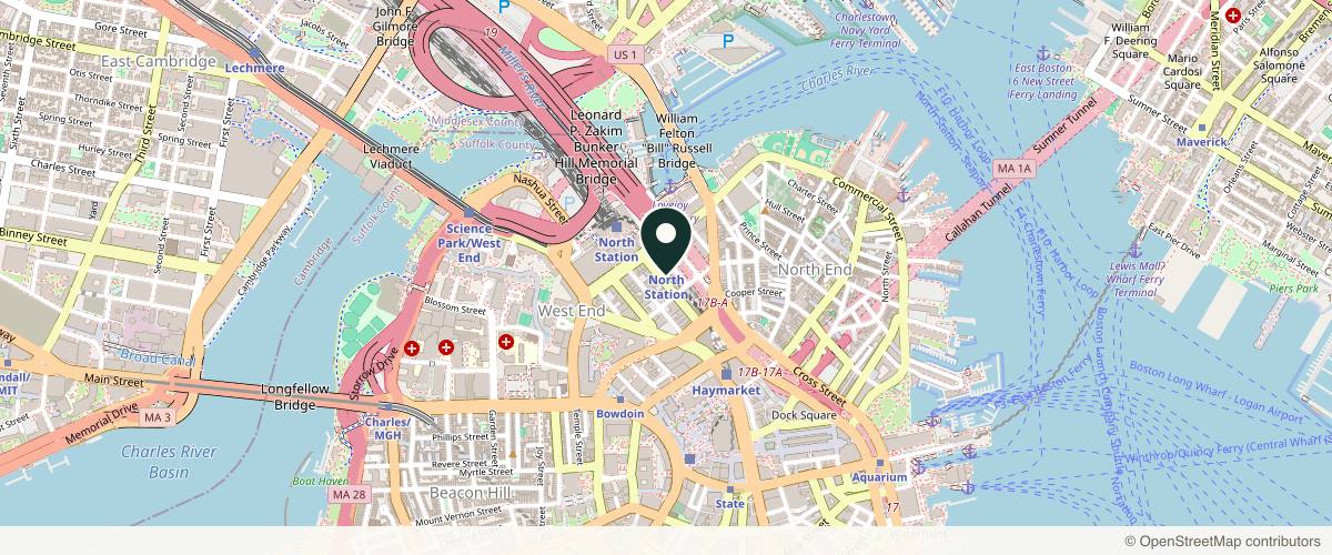 Map showing the exact location of Skin Spa New York North Station at 105 Canal St, Boston, MA 02114, USA