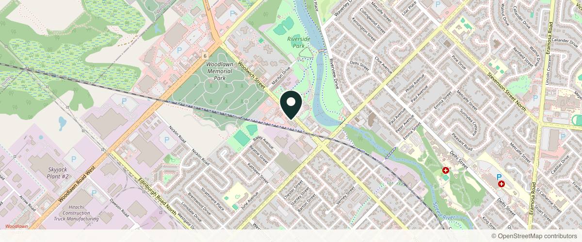 Map showing the exact location of Skin Studio Beauty Co. at #5, 672 Woolwich St, Guelph, ON N1H 3Z1, Canada