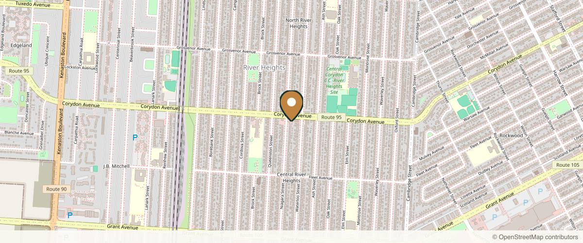 Map showing the exact location of Skin Suite Laser & Medical Aesthetics at 1450 Corydon Ave #1, Winnipeg, MB R3N 0J3, Canada