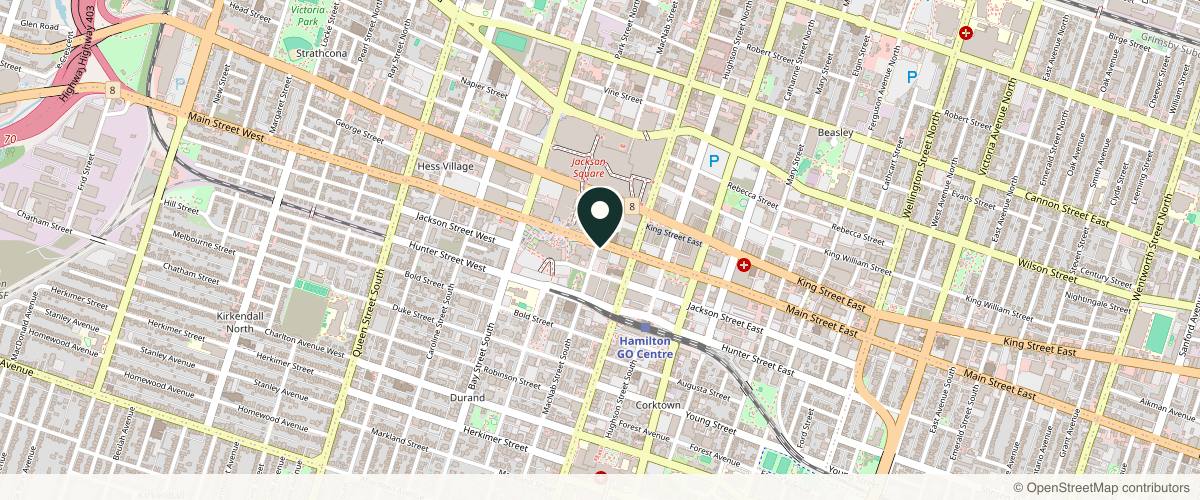 Map showing the exact location of Skin Vitality Medical Clinic Hamilton at 25 Main St W Ste 101, Hamilton, ON L8P 1H1, Canada