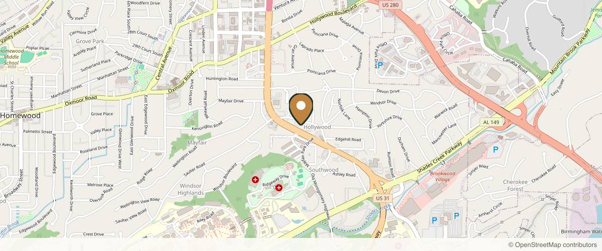 Map showing the exact location of Skin Wellness Dermatology at 3415 Independence Dr Ste 200, Birmingham, AL 35209, USA