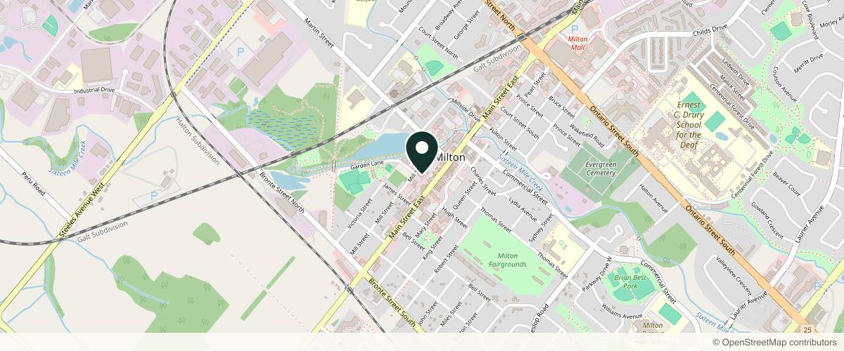 Map showing the exact location of Skin6ix at Inside We Care Rehab Clinic, 174 Mill St, Milton, ON L9T 1S2, Canada