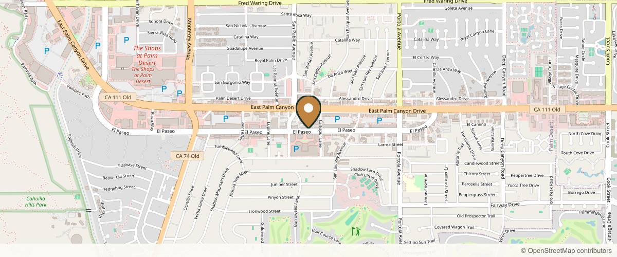Map showing the exact location of SkinCeuticals SkinLab by Cosmetic Surgery Institute at 73560 El Paseo Ste E, Palm Desert, CA 92260, USA