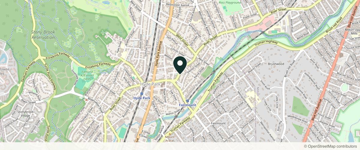 Map showing the exact location of Skinluxe Spa at 1150 River St, Hyde Park, MA 02136, USA
