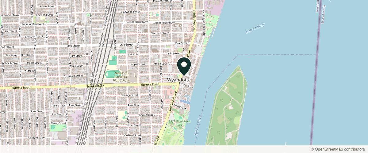 Map showing the exact location of Skinsational Aesthetics at 3209 Biddle Ave, Wyandotte, MI 48192, USA