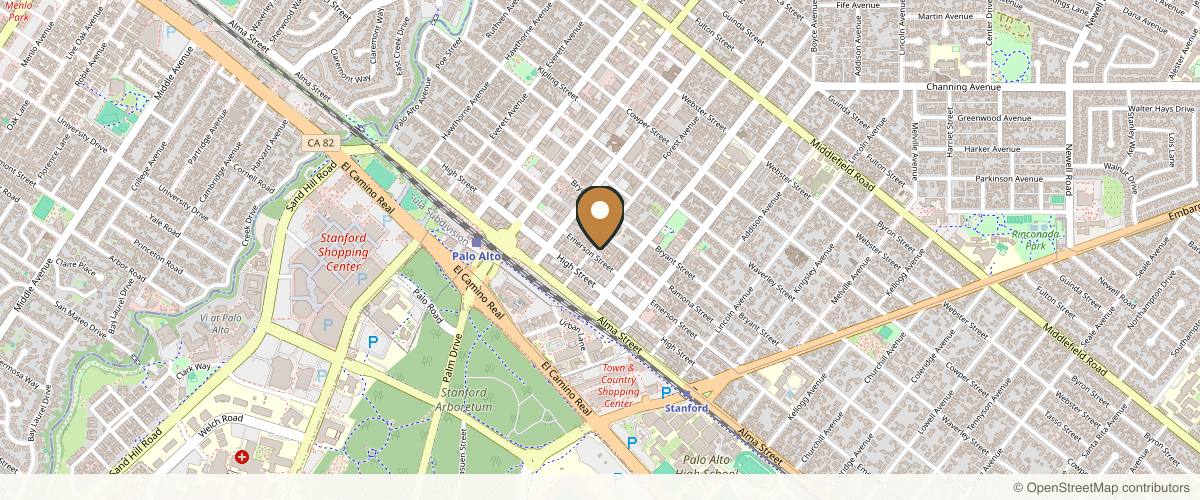 Map showing the exact location of SkinSpirit Palo Alto at 701 Emerson St, Palo Alto, CA 94301, USA
