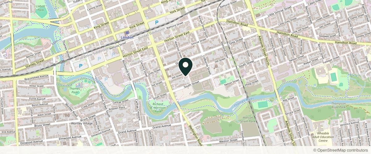 Map showing the exact location of SkinSunday - Botox + Filler London, Ontario at 111 Waterloo St Ste 102, London, ON N6B 2M2, Canada