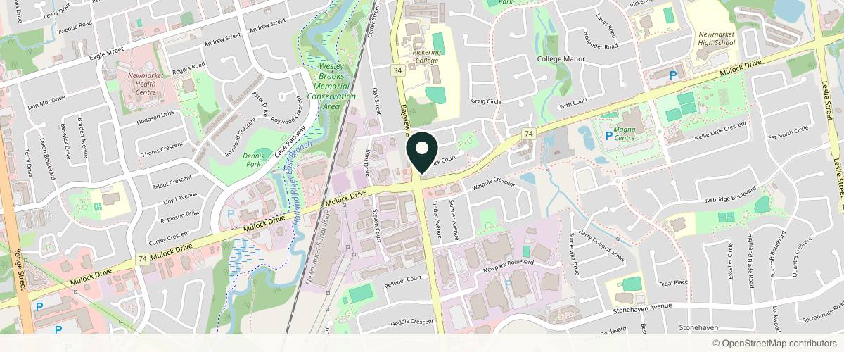 Map showing the exact location of Skintology Health and Wellness Centre at 535 Mulock Dr Ste 201, Newmarket, ON L3Y 5H2, Canada