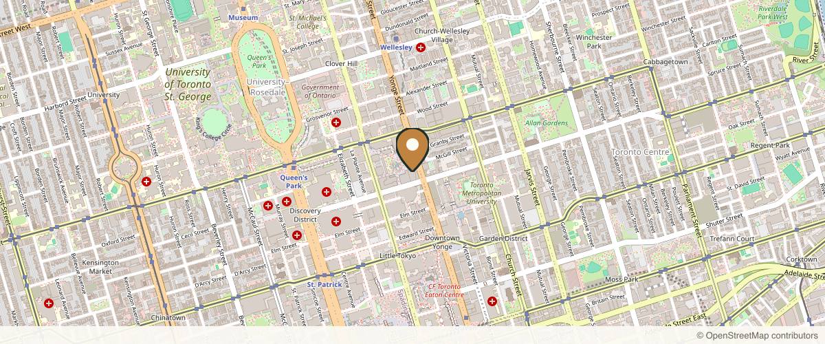 Map showing the exact location of SkinVantage Medical Aesthetic Clinic at Inside Aura Building lower level, 384 Yonge St Unit 97, Toronto, ON M5G 2K2, Canada