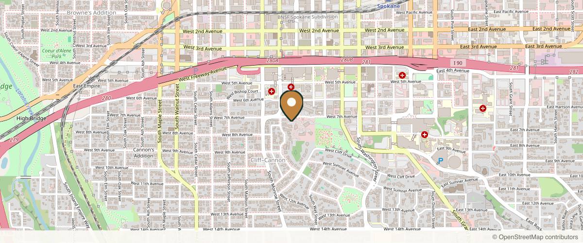 Map showing the exact location of SkinWell + Co. at 823 W 7th Ave Ste 200, Spokane, WA 99204, USA