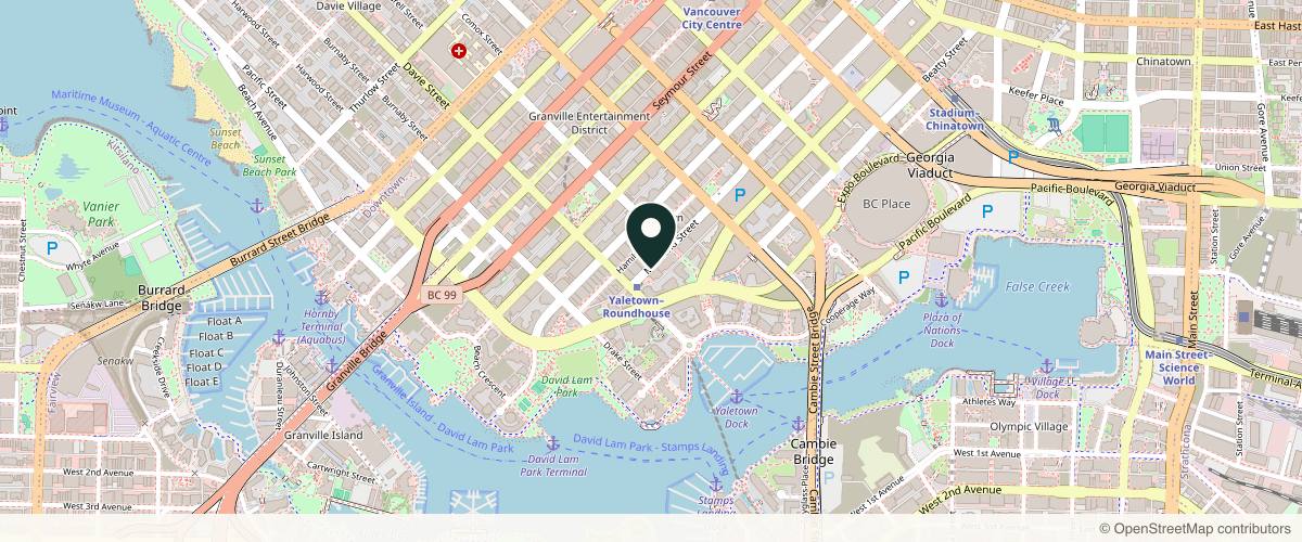 Map showing the exact location of SKN Holistic Rejuvenation Clinic Inc. at 1152 Mainland St #150, Vancouver, BC V6B 4X2, Canada