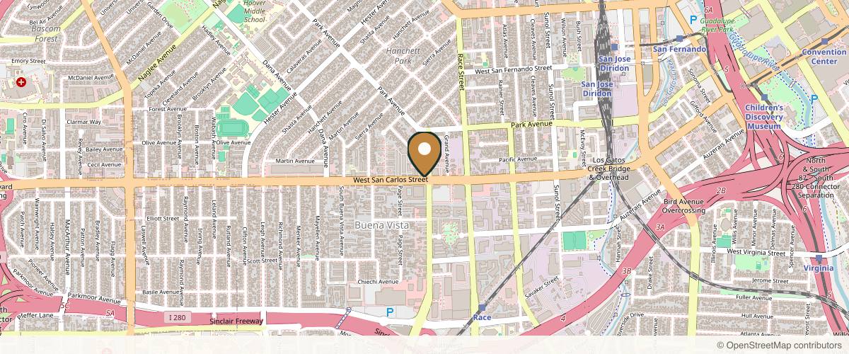Map showing the exact location of Sky Head Spa at 1403 W San Carlos St, San Jose, CA 95126, USA