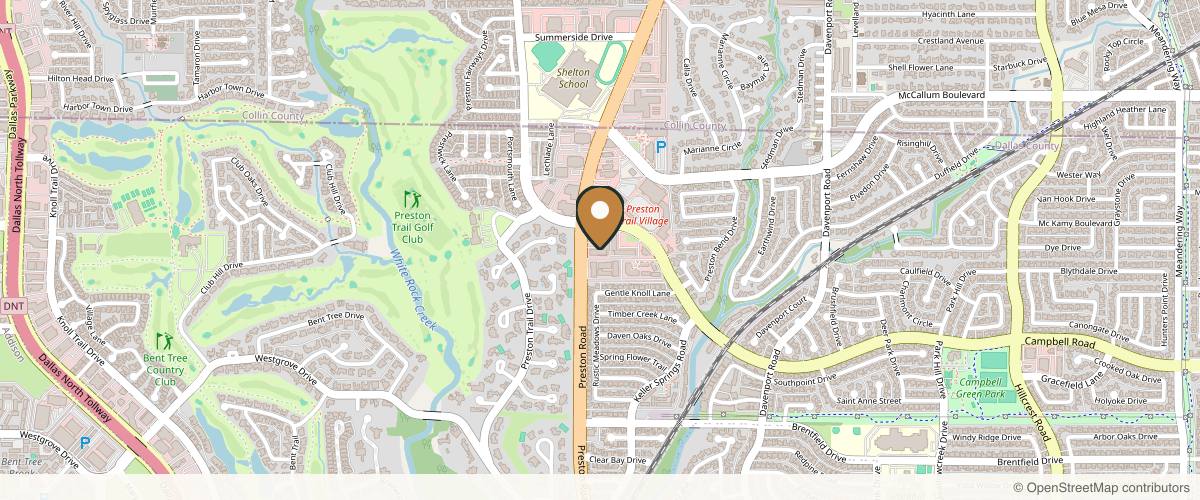 Map showing the exact location of Skyn Lab Med Spa at 17062 Preston Rd #126, Dallas, TX 75248, USA