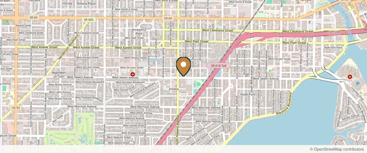 Map showing the exact location of SLAE Aesthetics & Wellness at 2201 W Swann Ave Ste 100, Tampa, FL 33606, USA