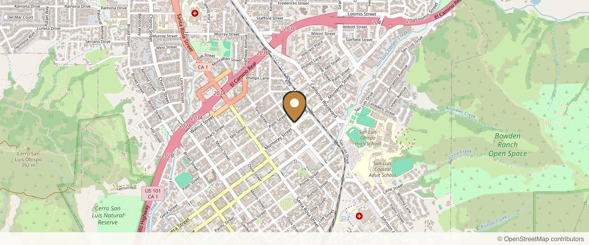 Map showing the exact location of SLO Skin Studio at 1308 Monterey St #250, San Luis Obispo, CA 93401, USA