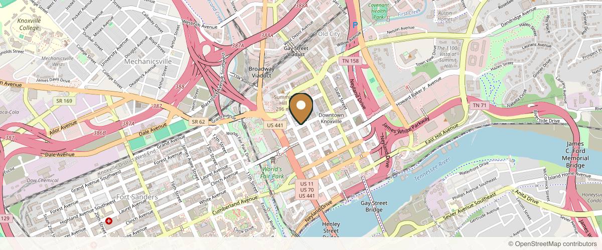Map showing the exact location of Smiley Aesthetics Medical Spa – Botox & Weight Loss Clinic Knoxville at 525 Union Ave, Knoxville, TN 37902, USA