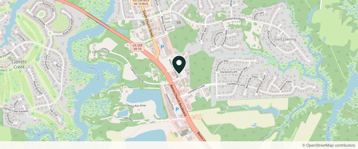 Map showing the exact location of Smithfield Aesthetics at 201 Gumwood Dr, Smithfield, VA 23430, USA