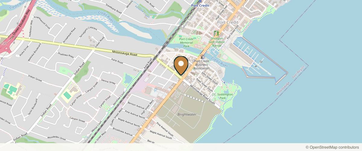 Map showing the exact location of SOL Skin Esthetics Spa - Port Credit at 170 Lakeshore Rd W Unit A, Mississauga, ON L5H 1G1, Canada
