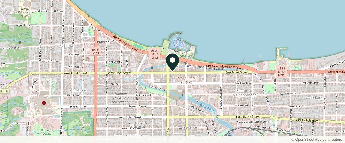 Map showing the exact location of Solitude Float and Wellness Spa at 111A E Front St, Traverse City, MI 49684, USA