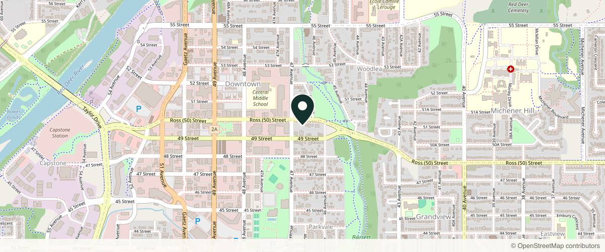 Map showing the exact location of Solorzano Spa Cafe & Wine bar at 1X1, 4631 50 St, Red Deer, AB T4N 1X3, Canada