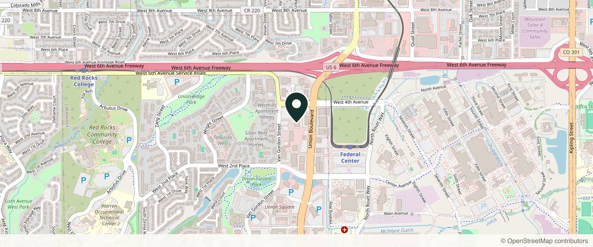 Map showing the exact location of Sora Dermatology - Lakewood at 355 Union Blvd Ste 300, Lakewood, CO 80228