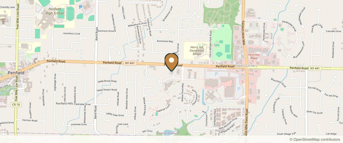 Map showing the exact location of Sorella Medical Aesthetics at 43 Willow Pond Way, Penfield, NY 14526, USA