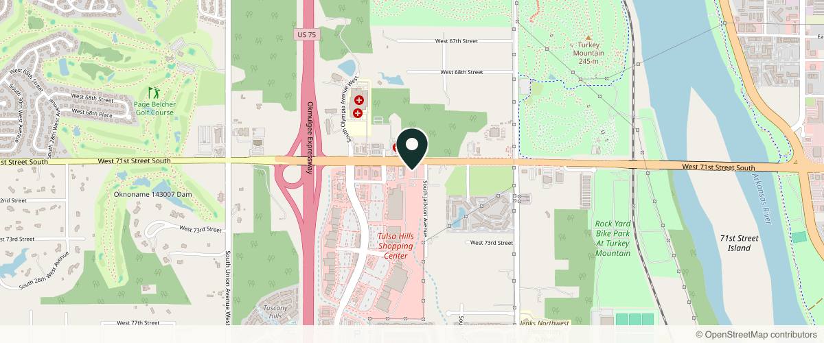 Map showing the exact location of Southside Dermatology and Skin Cancer Surgery - Tulsa at 720 West 71st St S, Tulsa, OK 74132