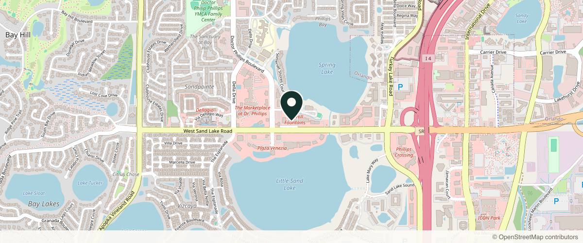 Map showing the exact location of Spa Blue at 7565 W Sand Lake Rd, Orlando, FL 32819, USA