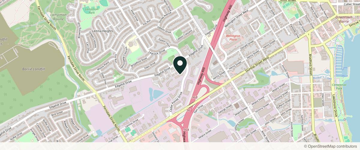Map showing the exact location of Spa Lumina at 74 Cedar Pointe Dr #1005, Barrie, ON L4N 5R7, Canada