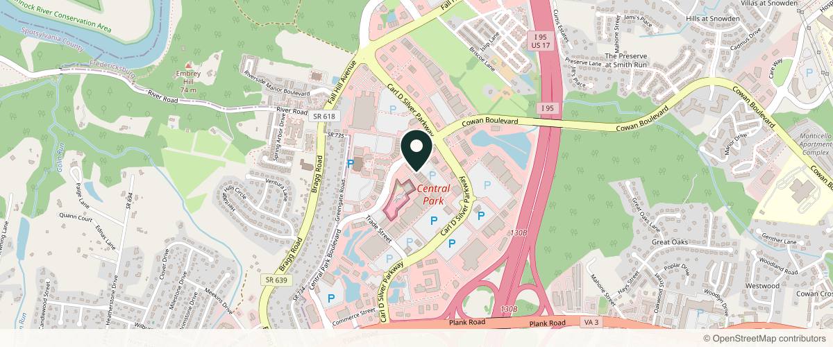 Map showing the exact location of Spavia Central Park at 1668 Carl D Silver Pkwy, Fredericksburg, VA 22401, USA