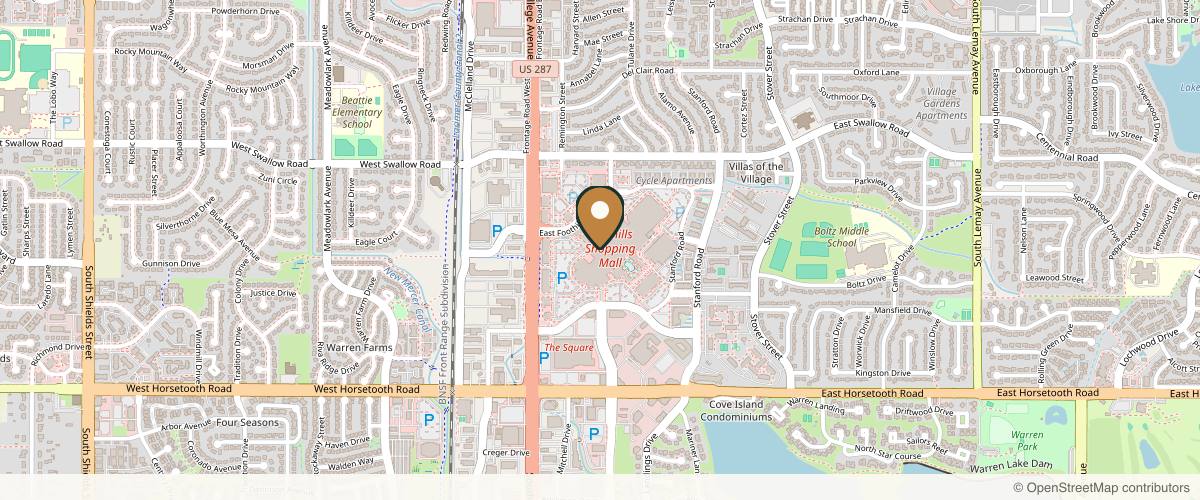Map showing the exact location of Spavia Day Spa - Fort Collins at 215 E Foothills Pkwy #500, Fort Collins, CO 80525, USA