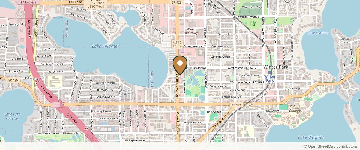 Map showing the exact location of Spavia Winter Park at 110 Orlando Ave Ste 9, Winter Park, FL 32789, USA