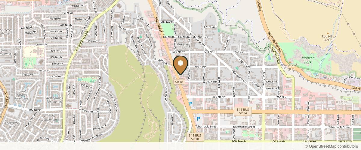 Map showing the exact location of St. George Day Spa at 348 N Bluff St #104, St. George, UT 84770, USA